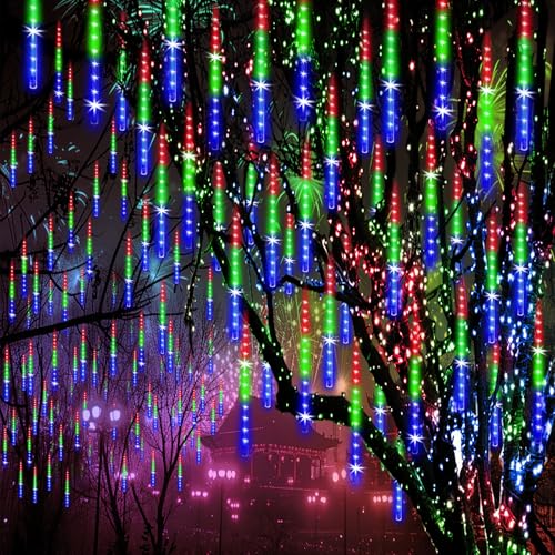 ZPQBEYE Meteor Shower Lights Outdoor Christmas Lights 24-Tube 576LEDs Snow Falling Rain Cascading Icicle Light for Christm...