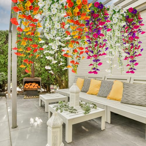 Ovveroche Artificial Hanging Flowers for Outdoors Decoration, 6 Pack UV-Resistant Large Morning Glory Artificial Faux Plan...