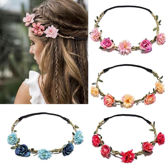HANSAMU 4Pcs Flower Crowns Floral Headbands Garland Adjustable Boho Bridal Bridesmaid Women Girls Teens Headpiece for Hawa...