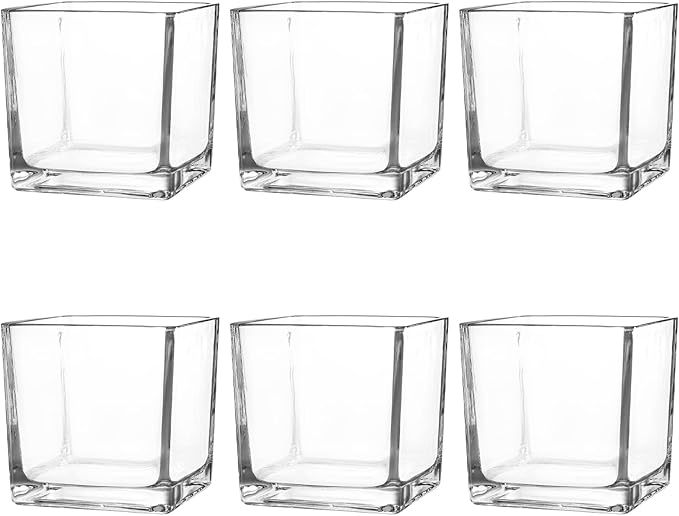 Comrzor Set of 6 Square Glass Vases 4" x 4" x 4", Clear Flower Vase, Plant Terrarium, Candle Holder for Wedding Centerpiec...