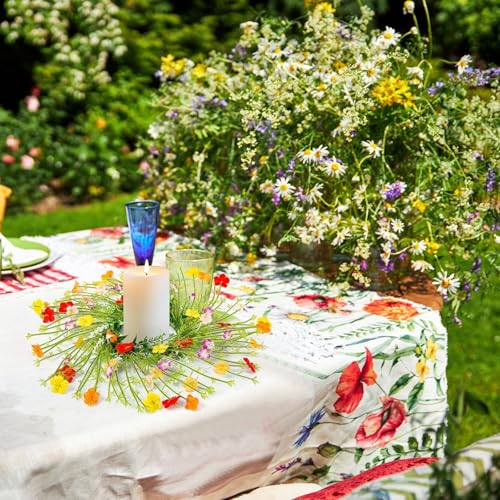 6 Pcs Mini Wild Flower Candle Rings Wreaths Artificial Colorful Wildflower Pillar Candle Holders Wreath for Spring Summer ...