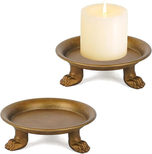 NIKKY HOME Gold Decorative Iron Plate Candle Holders Set of 2, Vintage Pillar Candlestick Stand Base Tray for LED & Wax Ca...