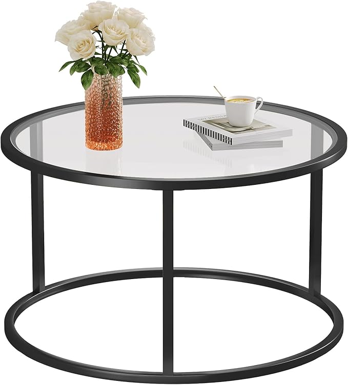 SAYGOER Small Glass Coffee Table Round Coffee Tables 27.6In Modern Tempered Glass-Top Accent Center Table for Living Room ...