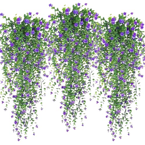 Artificial Hanging Flowers, 3 Pcs Fake Hanging Plants Decor, Artificial Vines for Outdoors, UV Resistant No Fade Artificia...