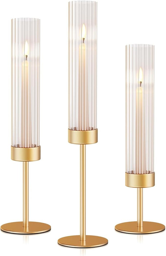 AZXTOPSEZ Gold Hurricane Candle Holders: Fluted Tall Candlestick Holders for Wedding Brass Taper Candle Holder Modern Cand...