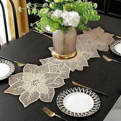 FAVE Gold Table Runners 36 Inches Heat Resistant Table Runner Flower Shaped Vinyl Table Runner Waterproof Washable Table M...
