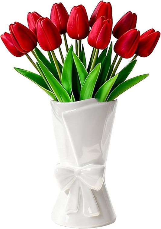 Relexome Fully Glazed White Ceramic Bow Vase 9.64 in Unique Cute Modern Decorative Bouquet Flower Vases for Home Living Ro...