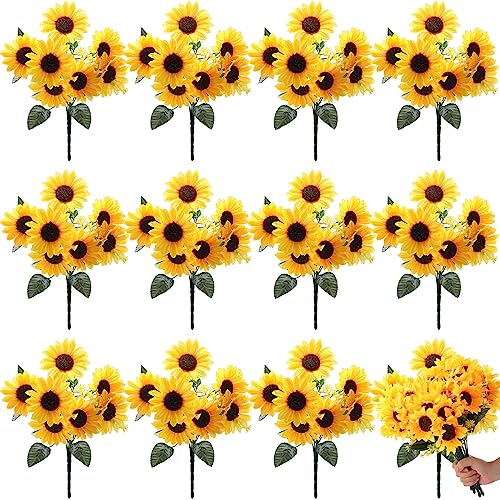 Yuxung 12 Bundles Artificial Flowers Fake Sunflowers Realistic Satin Silk Fake Flowers Faux Yellow Sunflower Decor Bride H...