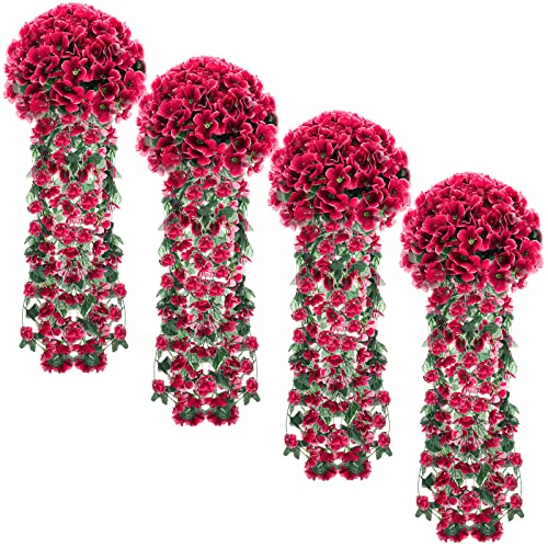 XunYee 4 Pack Violet Hanging Flowers Artificial Decor 5 Petal Silk Violet Simulation Hanging Plant Faux Royal Artificial O...