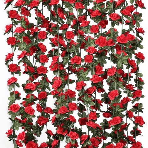 KHOYIME 9 Pack 72 FT Artificial Flower Garland, Fake Red Roses Vines Silk Flowers Faux Plastic Outdoor Hanging Floral Ivy ...