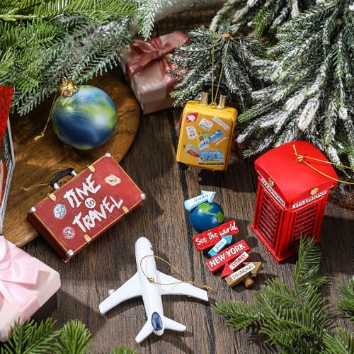 Vercraft 6 Pcs 3D Travel Christmas Tree Ornaments, Resin Globe Planet Airplane Suitcase World Sign Telephone Booth Handcra...