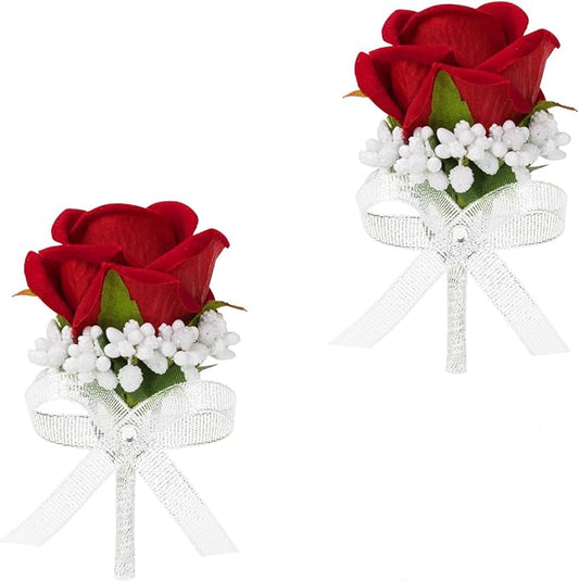 Vkkperp Red Rose Boutonniere for Men, Set of 2, Groom and Best Man Artificial Flowers Boutonnieres, for Wedding Ceremony F...