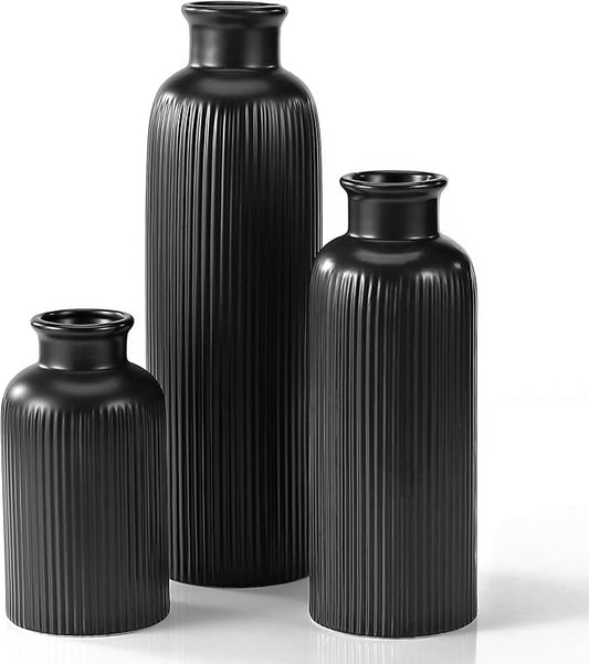 Small Black Ceramic Vase Set of 3, Boho Modern Black Flower Vase Room Decor, Farmhouse Decor, Vases for Your Kitchen, Bath...