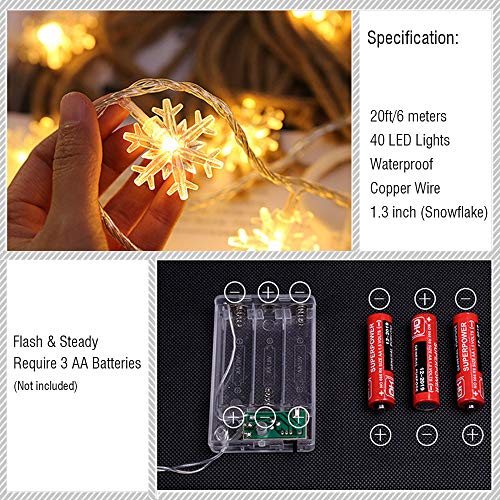 WesGen Christmas Lights，Snowflake String Lights Battery Operated Waterproof 20ft, 40 LED Fairy Lights for Xmas Garden Pati...