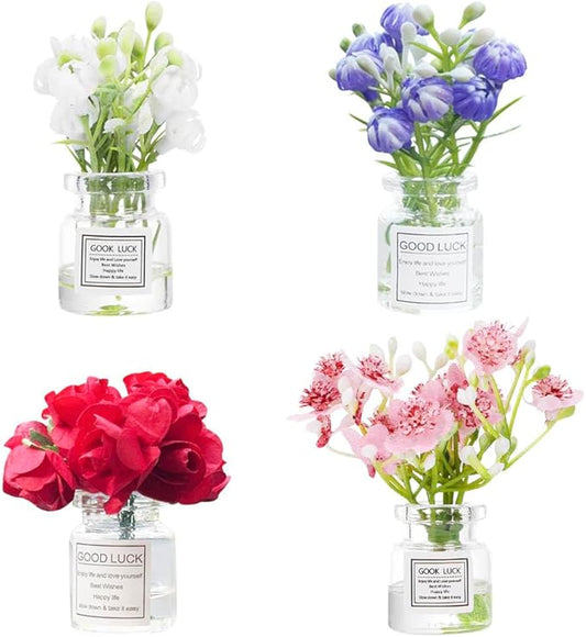 Set of 4 Cute Mini Rose Flower Vase Car Dashboard Decorations Self-Adhesive Mini Vase with Artificial Flowers Ornaments Ca...