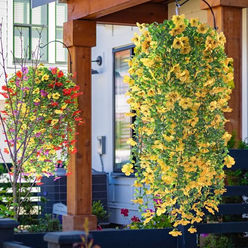 FineCheer 6 Pcs Spring Artificial Hanging Flowers Outdoor Faux Silk Mum Plant Decor Violet with Eucalyptus Realistic UV Re...