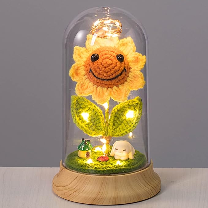 Eternal Sunflower Gifts for Women, Crochet Artificial Sun Flower Decor in Plastic Dome with Led, for Her Mom Mothers Day B...
