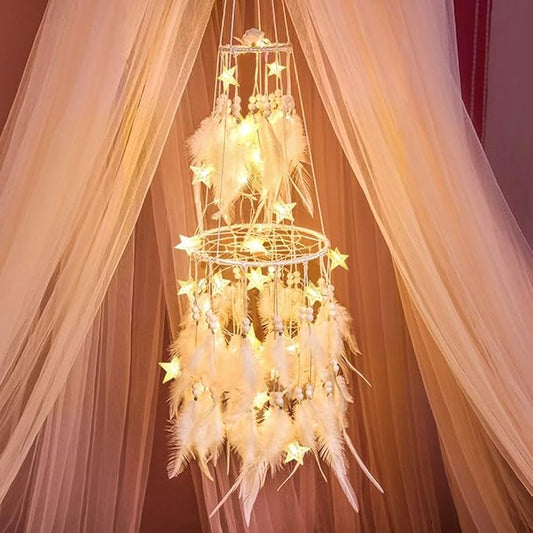 Dremisland Double Circle White Feather Dream Catcher with Mobile LED Fairy Lights Wall Hanging Ornaments Ceiling Decor for...