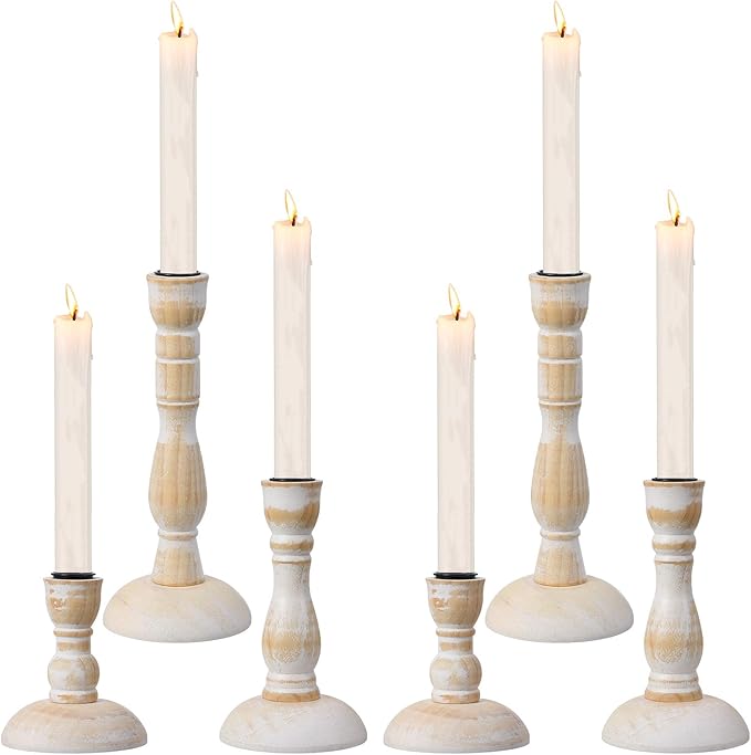 6PCS Candle Holders for Table Centerpiece, Wood Taper Candles Holder Vintage Stick Tapered Holders Rustic Wood Candle Hold...