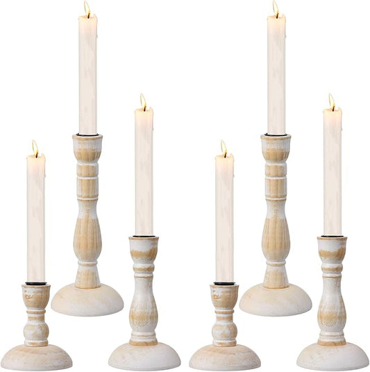 6PCS Candle Holders for Table Centerpiece, Wood Taper Candles Holder Vintage Stick Tapered Holders Rustic Wood Candle Hold...