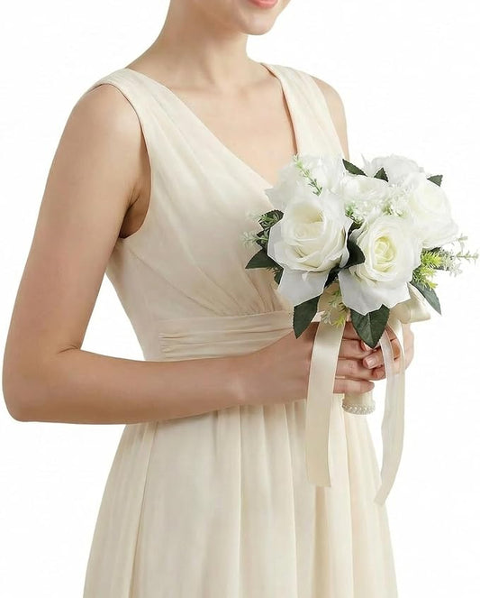 Horoper Wedding Bouquets for Bride, White Champagne Artificial Roses Flowers Artificial Bridal Bouquet, Peonies Artificial...