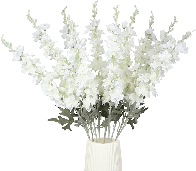 10PCS White Delphinium Artificial Flowers Larkspur Fake Flowers 34.6in Long Stem Faux Silk Flowers Bulk for Tall Vase for ...