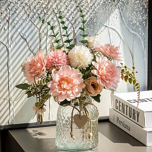 Aubcee Fake Flowers with Vase,Faux Flowers in Vase for Home Decor,Silk Pink Dahlia Artificial Flowers with Vase for Coffee...