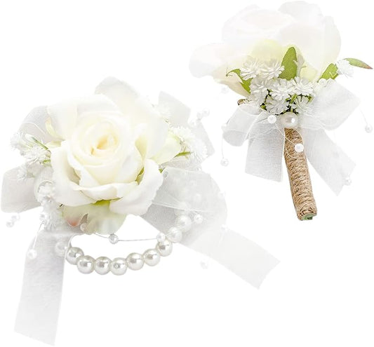 Floroom Ivory Rose Wrist Corsage Bracelet Wristlet Band and Men Boutonniere Set for White Wedding Flower Accessories Prom ...