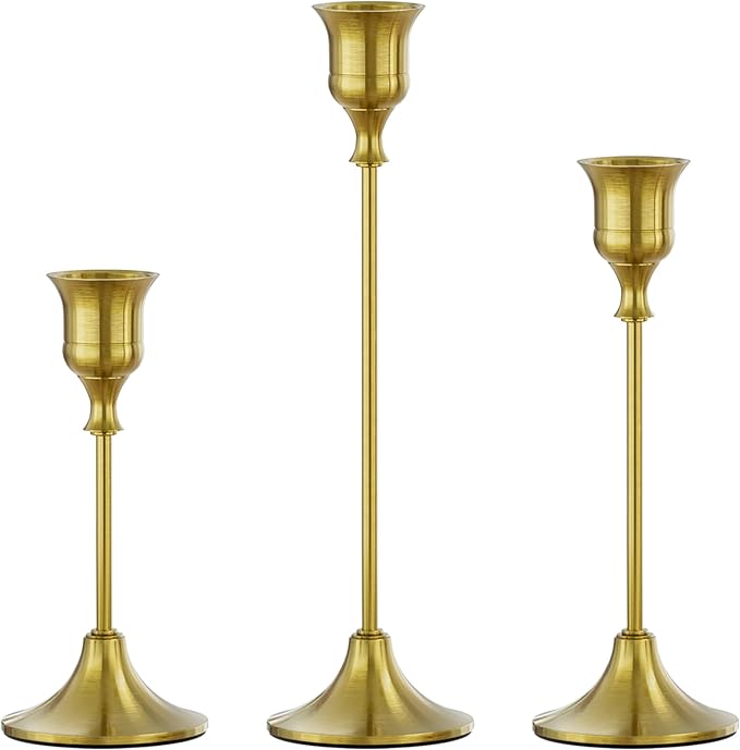 FSyueyun Brass Candlestick Holders Set of 3, Elegant Metal Candlestick Holders for Vintage Taper Candle Holders, Perfect f...