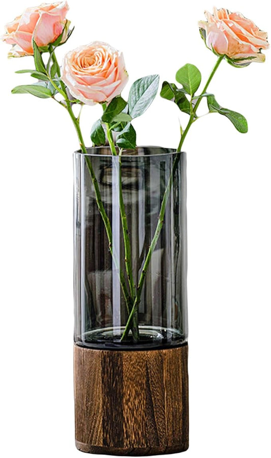 Artistic Wood Glass Vase, 10" H, Wooden Base Cylindrical Flower Vase, Classic Boho Rustic Style for Fireplace Bedroom Kitc...