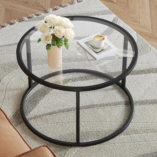 SAYGOER Small Glass Coffee Table Round Coffee Tables 27.6In Modern Tempered Glass-Top Accent Center Table for Living Room ...