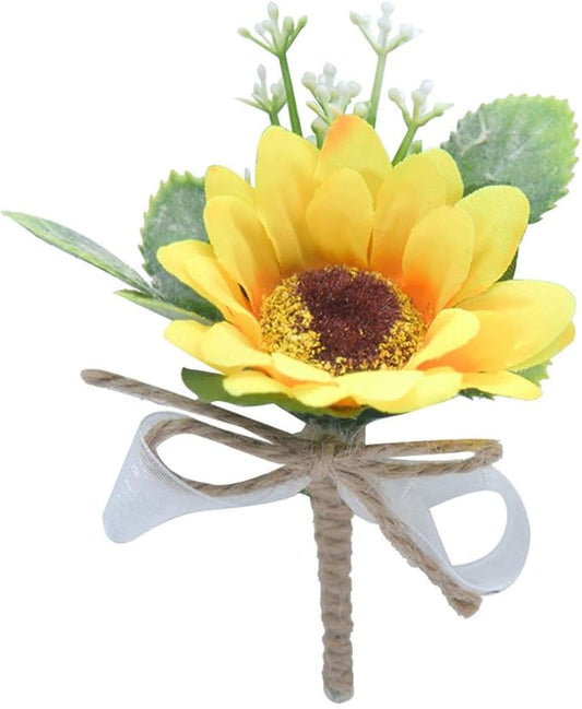 Prettybuy Sunflower Boutonniere for Men Wedding Boutineer with Pin Yellow Silk Flower Decor Pack of 1