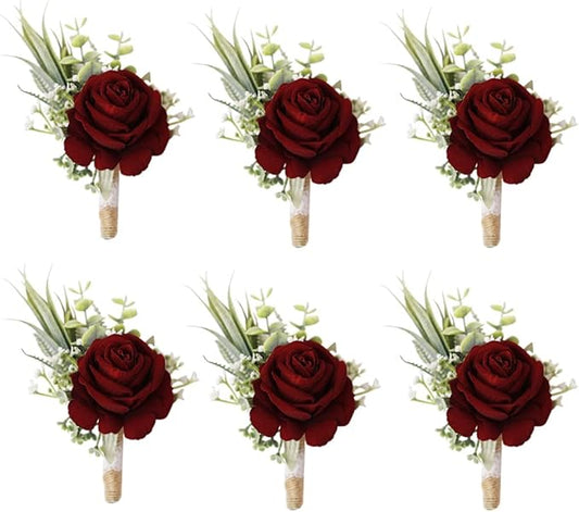 Ansofi Set of 6 Wine Red Boutonniere for Best Men Groom Groomsmen Burgundy Buttonholes for Wedding Party Prom Decoration