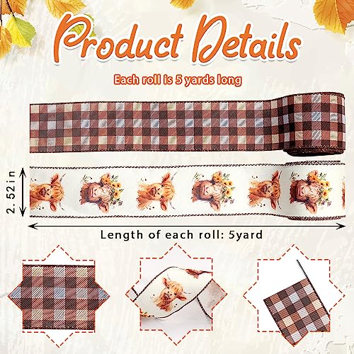 Estivaux 2 Rolls Alpine Cattle Ribbons for Crafting, Fall Wired Edge Ribbon Natural Buffalo Plaid Ribbon Bow Autumn Calf F...