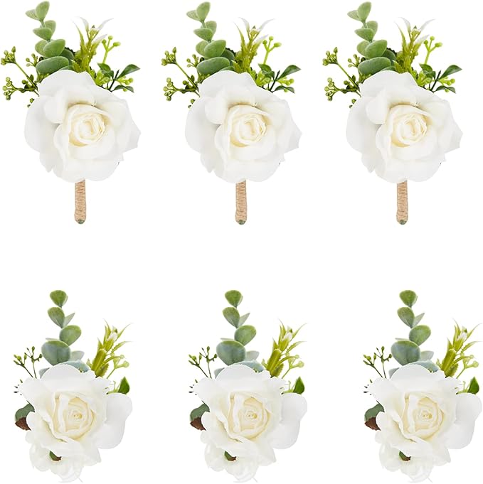 Meldel White Ivory Rose Wrist Corsage Boutonniere for Men Wedding Wrist Flower Corsage Hand Flower for Bride Bridesmaid Pr...