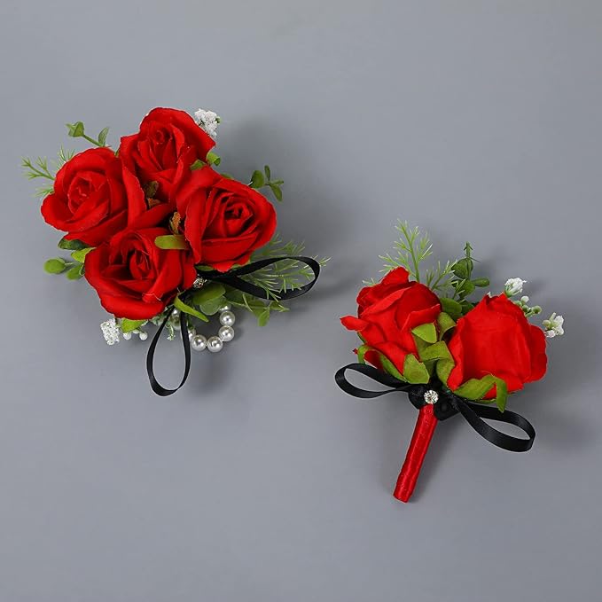 Yunlly 2 Pcs Boutonniere Wrist Corsage Set Artificial Rose Wine Red Corsage Wristband Boutonniere Flower Decor Wrist Corsa...