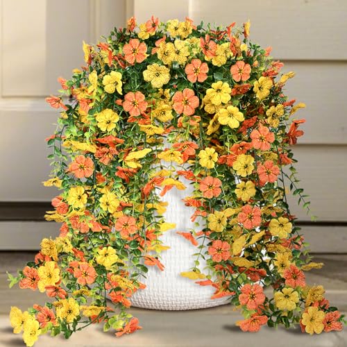 UOOKKI 4 Pcs Artificial Hanging Flowers for Outdoor Decor, Fake Hanging Plants UV Resistant Realistic Yellow Orange Fake H...
