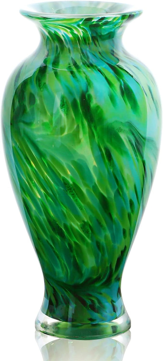 Hand Blown Green Classic Vase for Home Decor, 11.5Inch Glass Flower Vase for Shelf Decor, Living Room Decor, Centerpieces,...