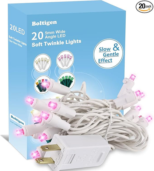 Boltigen Pink Slow Twinkling Christmas Lights, 20 LED Mini String Light, 7ft UL Certified Waterproof Connectable for Indoo...