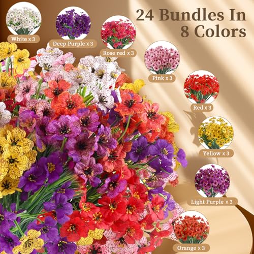 24 Bundles Artificial Flowers for Outdoors/Indoors, Fake Flowers Plants for Indoor Outside Garden Porch Window Box Home We...