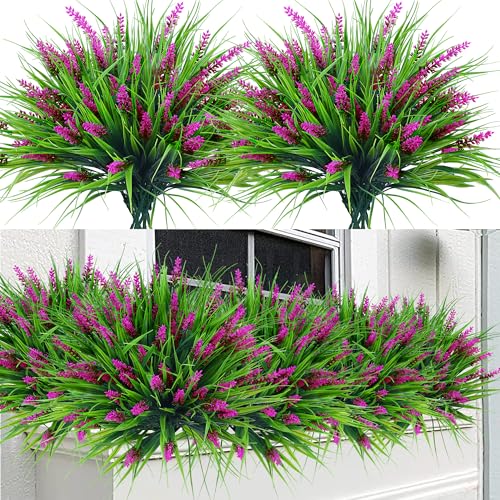 Sggvecsy 12 Bundles Artificial Plants Outdoor Faux Lavender Flowers Fake Monkey Grass UV Resistant Plastic Greenery Plants...