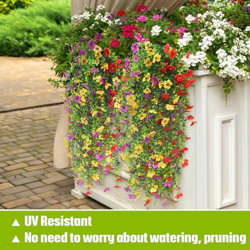 FineCheer 6 Pcs Spring Artificial Hanging Flowers Outdoor Faux Silk Mum Plant Decor Violet with Eucalyptus Realistic UV Re...