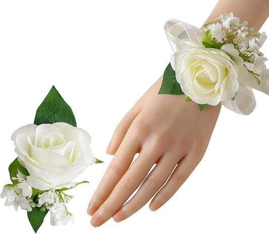 Meldel Wrist Corsage and Boutonniere Set(2pcs), Ivory White Artificial Silk Rose Pearls Bracelets Corsage for Bride, Groom...