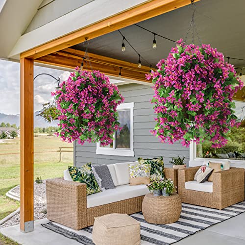 INQCMY Artificial Hanging Flowers in Basket for Spring Summer Outdoor Porch Decoration,UV Resistant Fake Silk Violet in Pl...