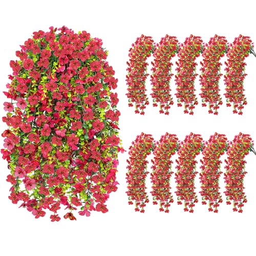 Zythrem 10PCS Red Artificial Hanging Flowers for Outdoors Spring Faux Silk Violet UV Resistant Fake Daisy Floral Trailing ...