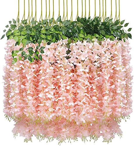 U'Artlines 24 Pack(Total 43.2 Feet) Artificial Fake Wisteria Vine Rattan Hanging Garland Silk Flowers String Home Party We...