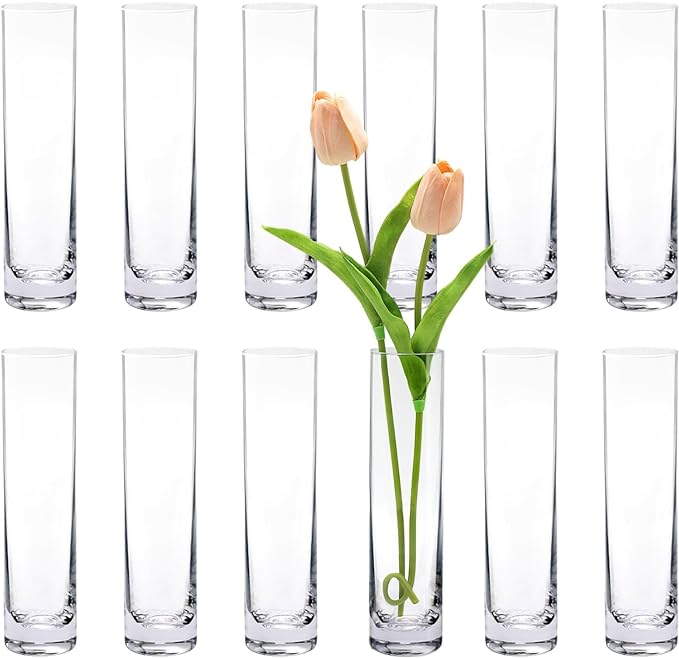 Glass Cylinder Bud Vases for Centerpieces, Set of 12 Clear Small vases,Handmade Slim Flower Vases Wedding Table Decor for ...