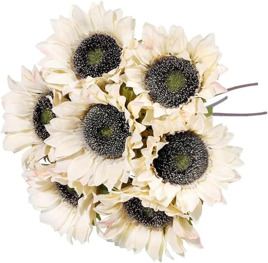 Laelfe 7PCS White Sunflowers Artificial Flowers, Fake Silk Sunflower with Stem Vintage Fall Flower Decorations for Autumn ...