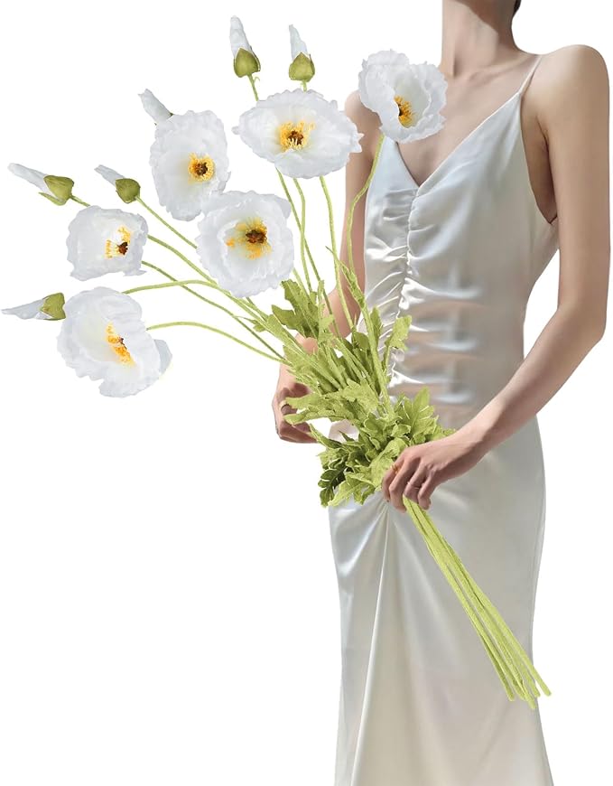 IPOPU 43.3" White Poppy Flowers Artificial Flowers 6pcs Fake Silk Poppies Long Stem Artificial Flowers for Tall Vase for W...