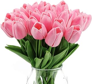 IPOPU Pink Tulips Artificial Flowers 24PCS Real Touch Tulips Flowers Fake Pink Tulips Faux Flowers for Home Decoration Wed...